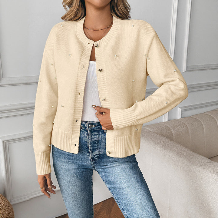 Damen Perlenverzierter Strickcardigan mit Herzknöpfen und geripptem Saum Drune