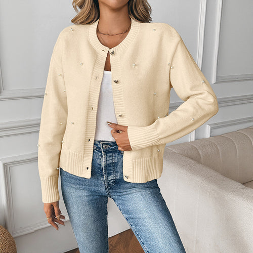 Damen Perlenverzierter Strickcardigan mit Herzknöpfen und geripptem Saum Drune