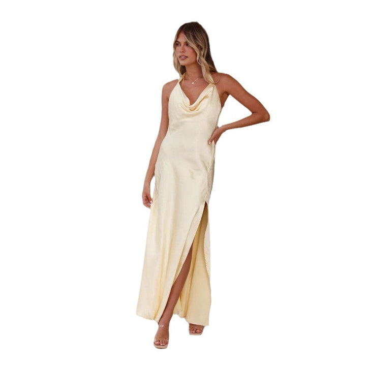 Damen elegantes Maxikleid mit fließendem Satin-Ausschnitt und hohem Schlitz Drune