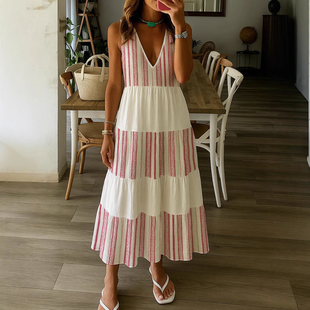 Damen Sommerliches Maxikleid mit tiefem V-Ausschnitt und breitem Rock Drune