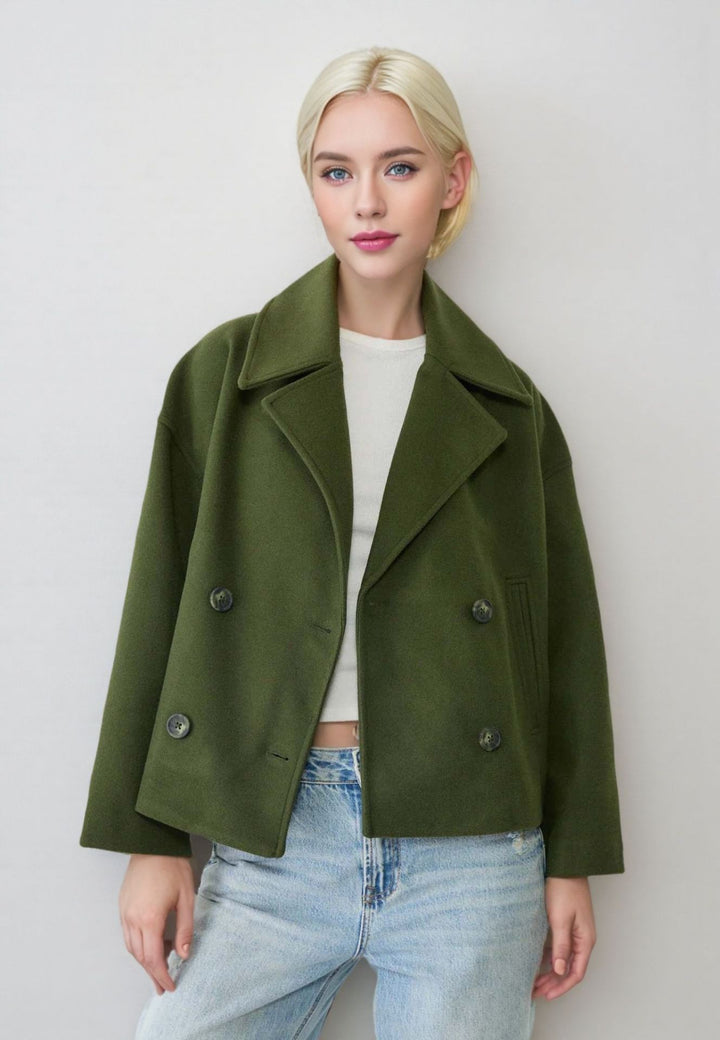 Damen Kurzer Doppelreihiger Wollmix-Mantel mit Oversize-Revers Drune