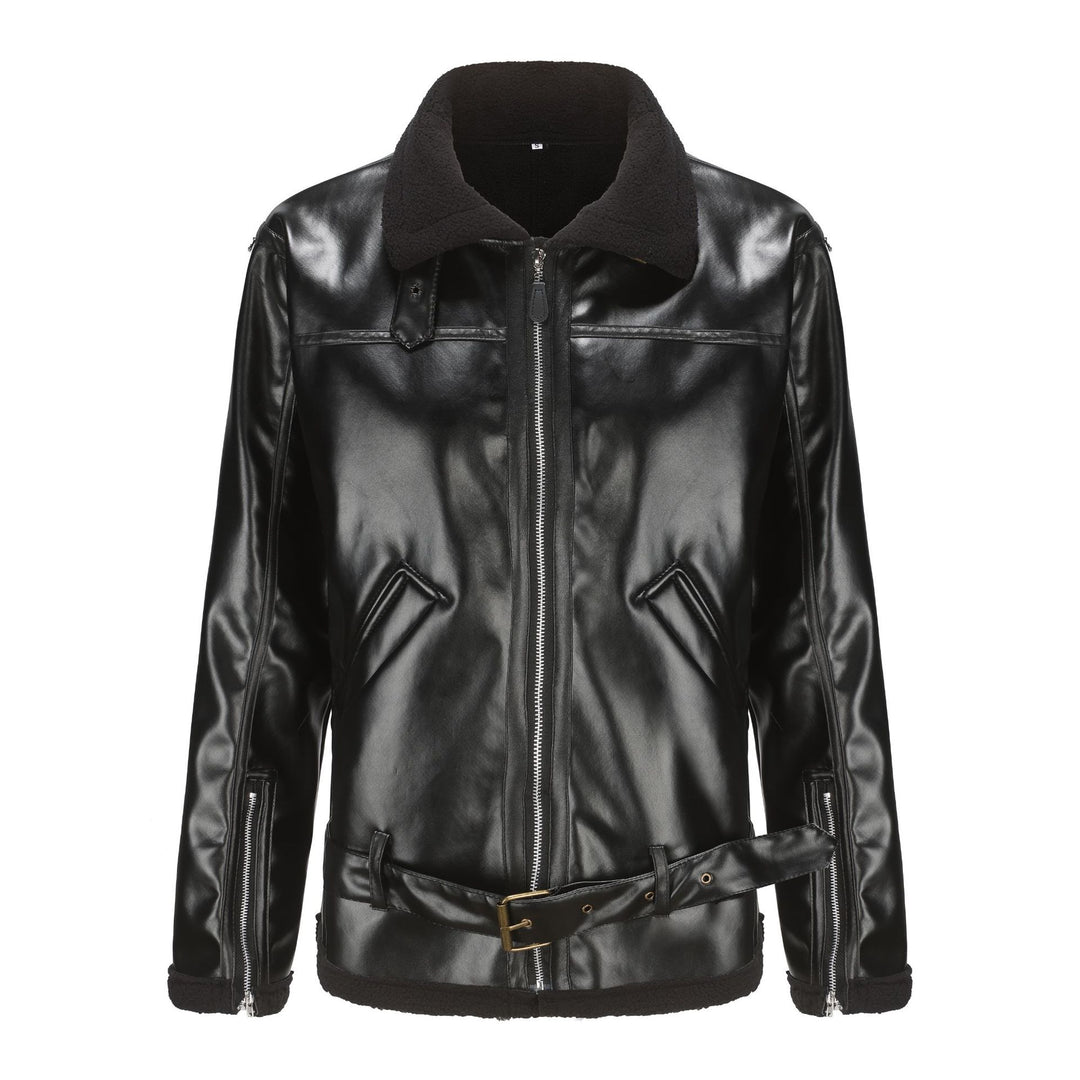 Herren Kunstleder-Fliegerjacke mit Teddyfutter, Reißverschlusstaschen und Taillengürtel Drune