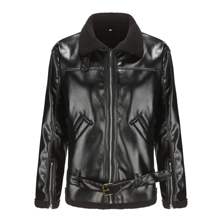 Herren Kunstleder-Fliegerjacke mit Teddyfutter, Reißverschlusstaschen und Taillengürtel Drune