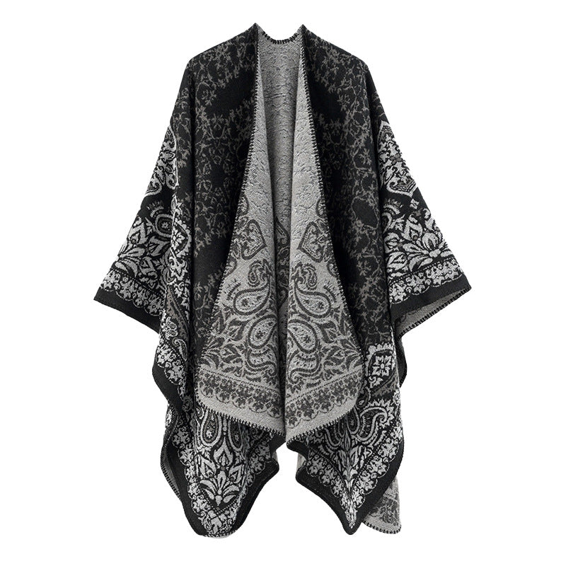 Damen Überwurfponcho im Double-Face‑Jacquard mit Paisley‑Inspiration und Zierstichkante Drune