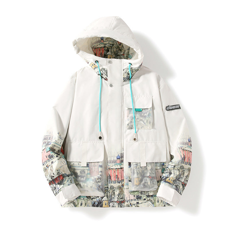 Unisex Kapuzenparka mit städtischem Fotoprint, transparenten Taschen und Kordelzug Drune