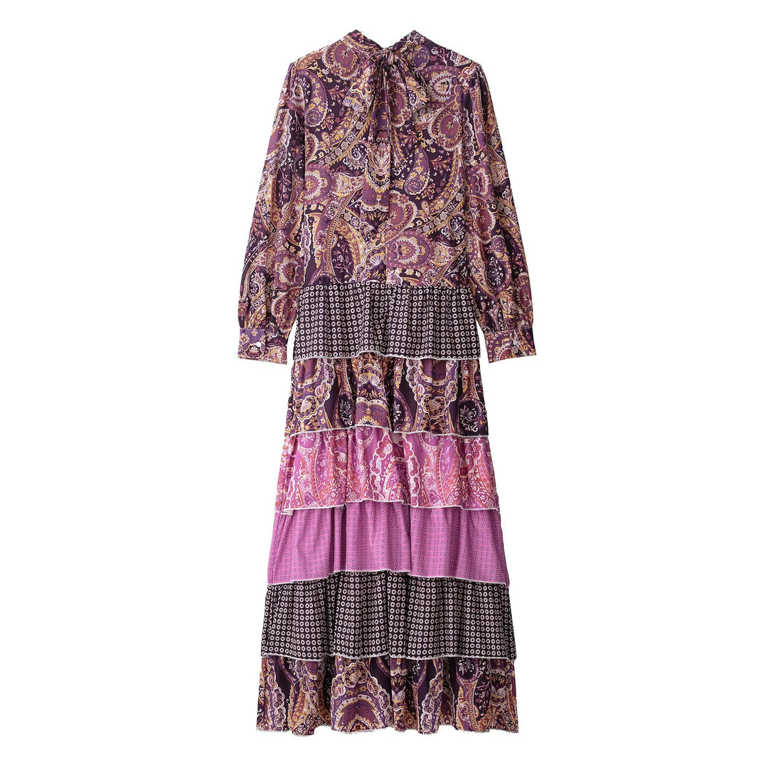 Damen nan gestuftes Maxikleid mit Paisley‑Patchwork, Schleifenkragen und langen Manschettenärmeln Drune