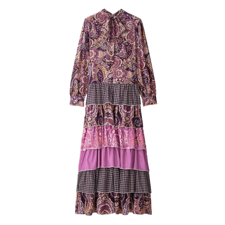 Damen nan gestuftes Maxikleid mit Paisley‑Patchwork, Schleifenkragen und langen Manschettenärmeln Drune