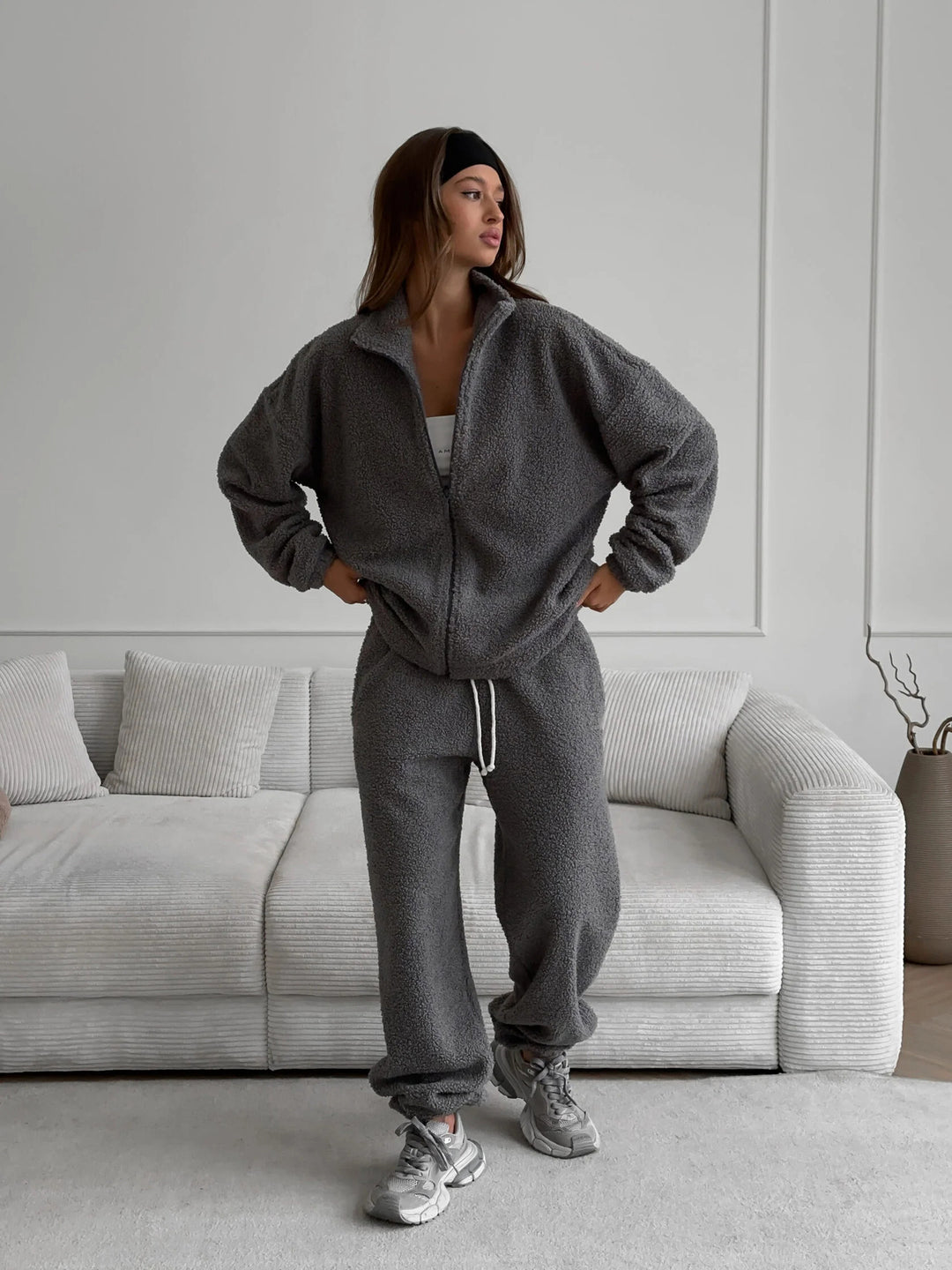 Damen oversized Teddy-Fleece Hausanzug mit Reißverschlussjacke und Jogginghose Drune