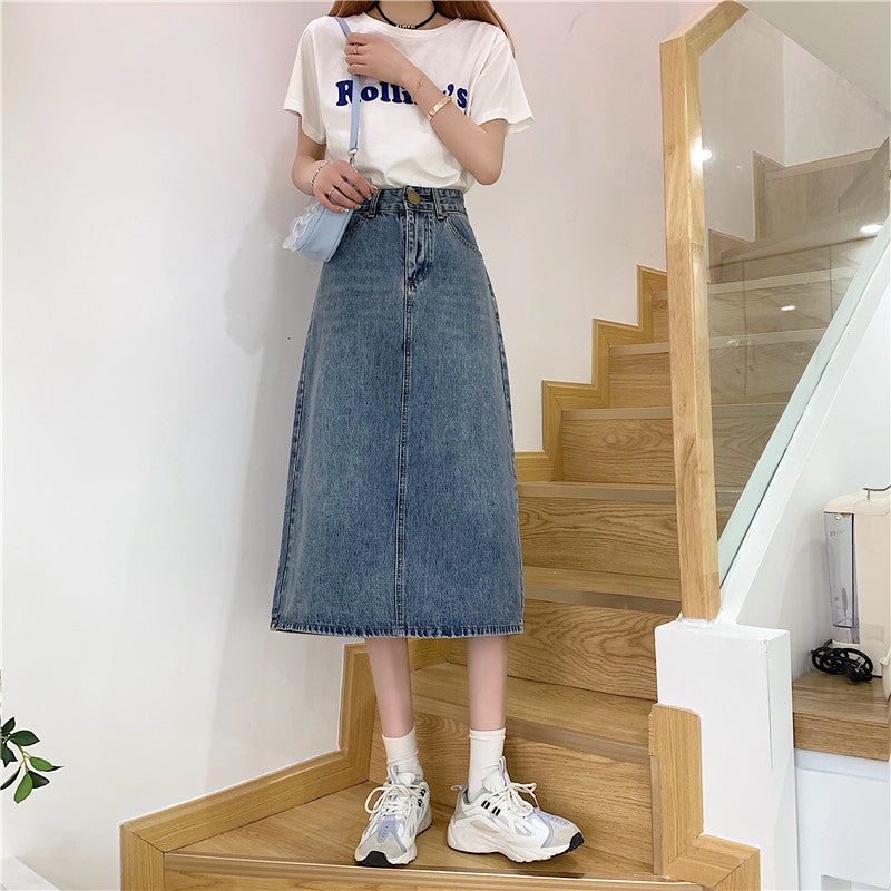 Damen Langer Jeansrock mit hohem Schnitt und dekorativen Nähten Drune