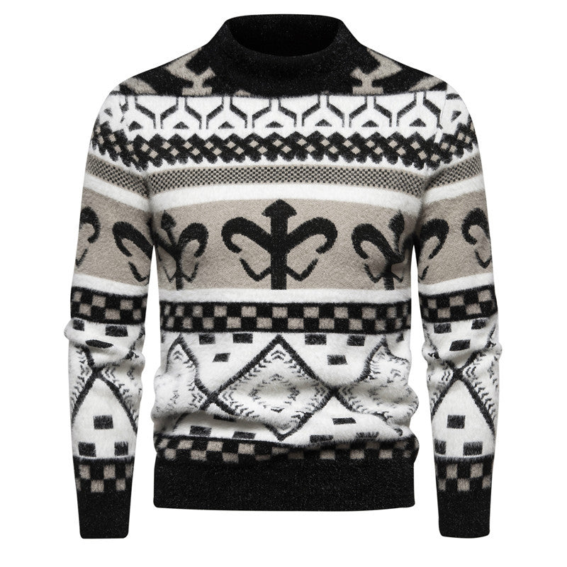 Herren Feinstrick-Mockneck-Pullover mit Jacquardmuster und gerippten Bündchen Drune