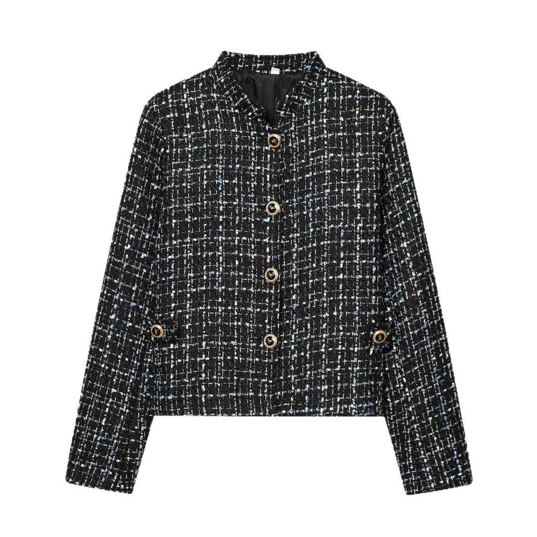 Damen Bouclé‑Tweed‑Cropped‑Jacke mit Stehkragen und goldfarbenen Schmuckknöpfen Drune