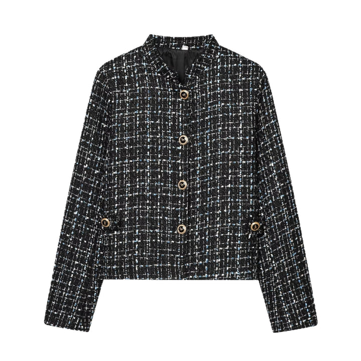 Damen Bouclé‑Tweed‑Cropped‑Jacke mit Stehkragen und goldfarbenen Schmuckknöpfen Drune