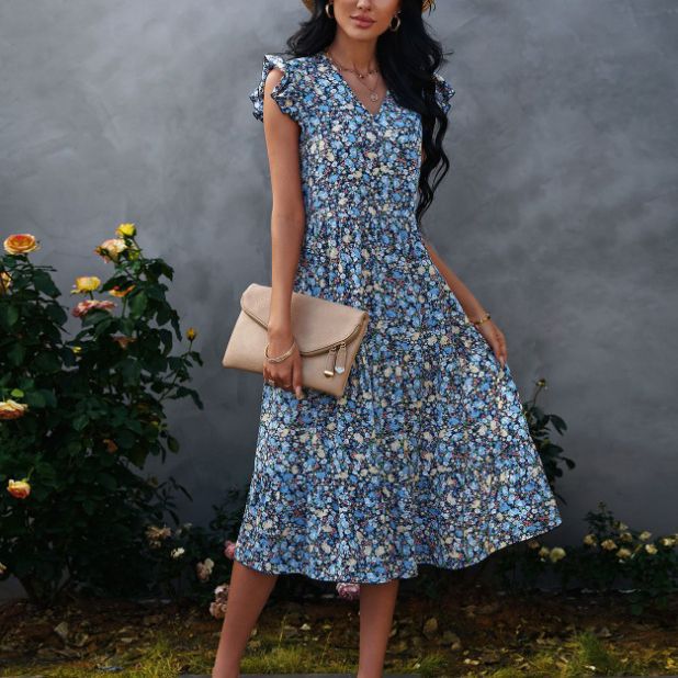 Damen A-Linien Kleid mit voluminösen Rüschenärmeln und floralen Details Drune