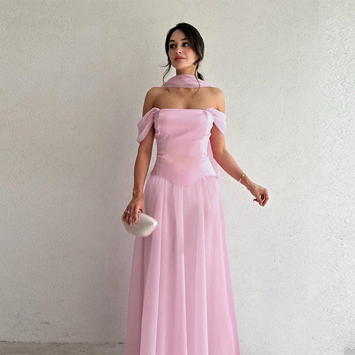 Damen Elegantes Abendkleid mit schulterfreien Puffärmeln und Choker Drune