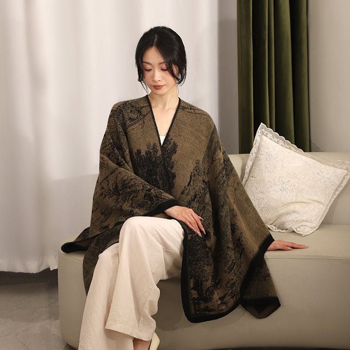Damen Jacquard‑Strickcape mit strukturierter Weboptik und offener Front Drune