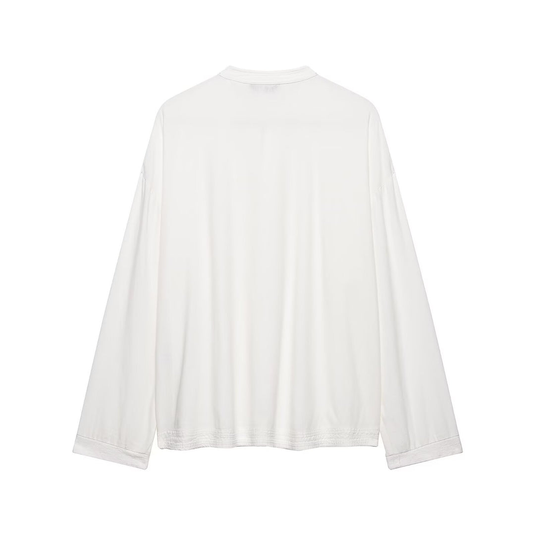 Damen Oversize Tunika‑Bluse im asiatisch inspirierten Stil mit Stehkragen und Zierknotenverschlüssen Drune