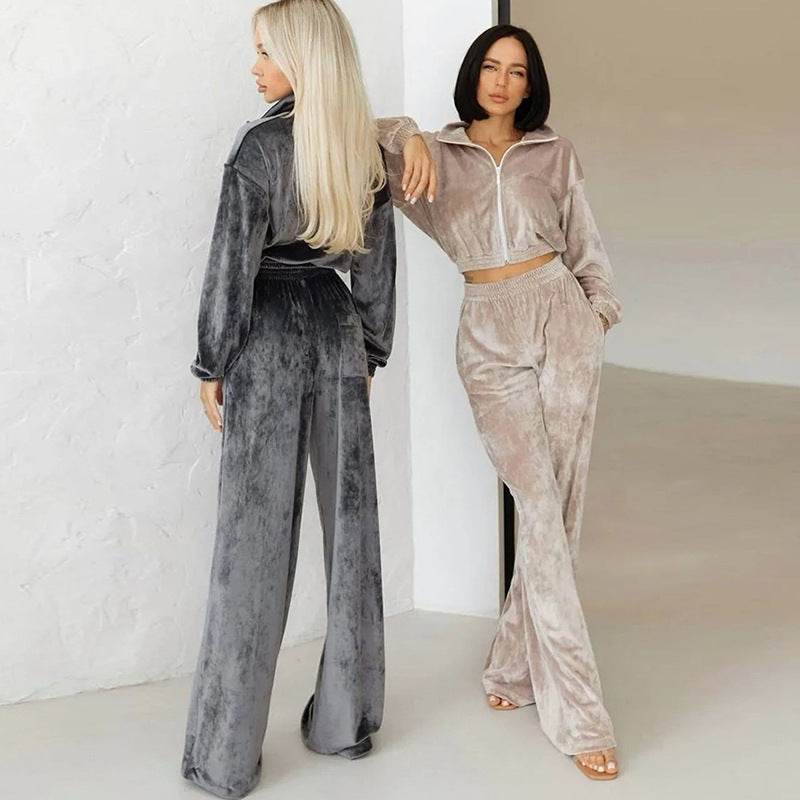 Damen Samt-Loungewear-Set mit kurzem Reißverschluss und geraffter Taillenpartie Drune