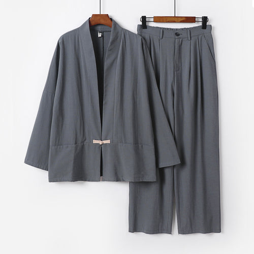 Damen Kimono-Lounge-Set aus leichtem Viskose-Leinen mit dekorativem Knebelverschluss und weiter Bundhose Drune