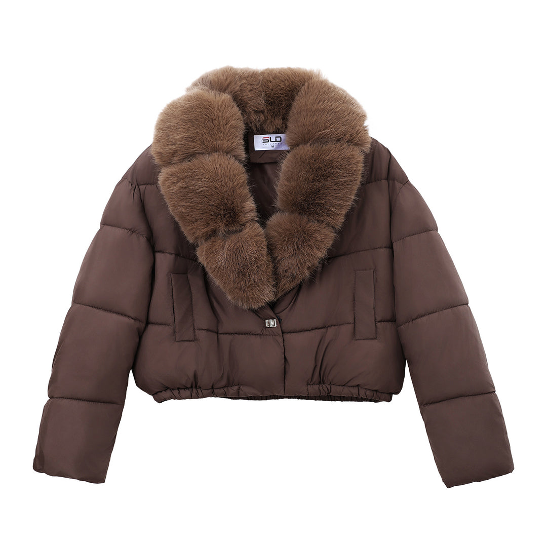 Damen nan cropped Isolationsjacke mit voluminösem Kunstpelz-Schalkragen und elastischem Saum Drune