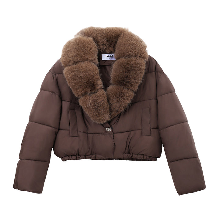 Damen nan cropped Isolationsjacke mit voluminösem Kunstpelz-Schalkragen und elastischem Saum Drune