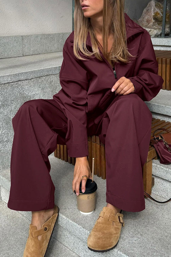 Drune | Burgunder Langarm Revers Trenchcoat Hoch Taillierte Slim Fit Hose Satz