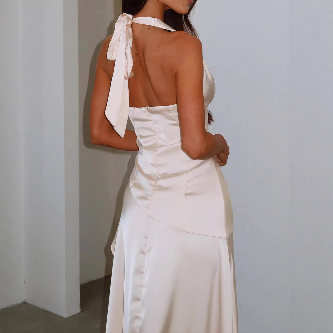 Damen elegantes Wickelkleid mit asymmetrischem Schnitt und Halterhals Drune