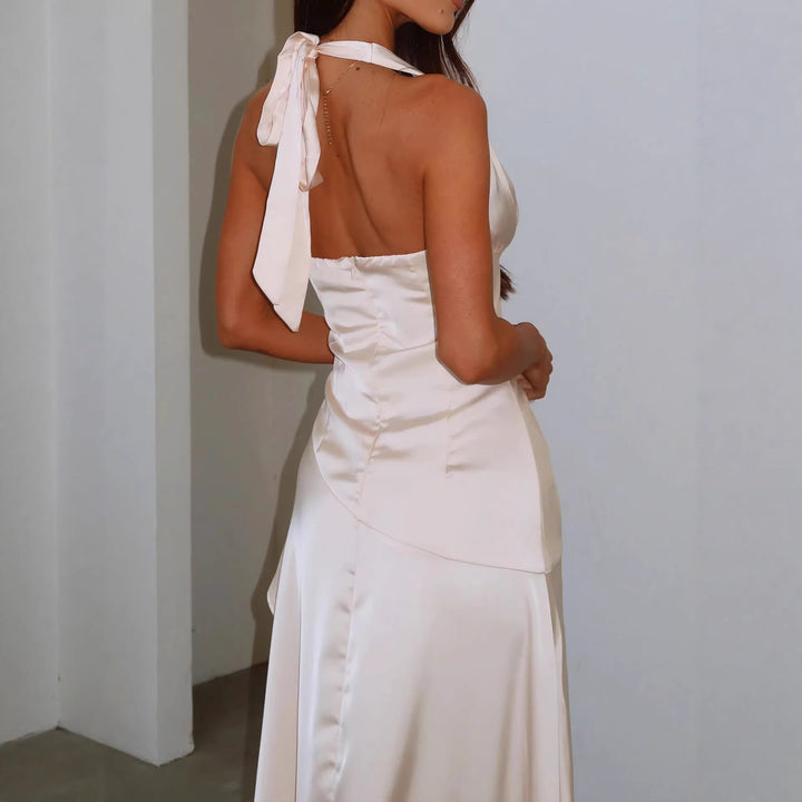 Damen elegantes Wickelkleid mit asymmetrischem Schnitt und Halterhals Drune
