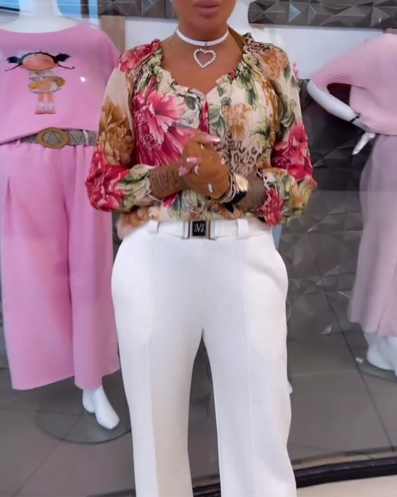 Damen nan leichte Satinbluse mit Animal- und Floralprint, Rüschenkragen, V-Ausschnitt und Manschettenärmeln Drune