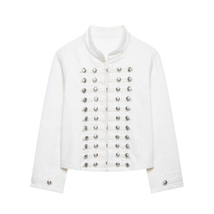 Damen Taillierte Denim‑Blazerjacke im militärisch inspirierten Marschallstil mit Zierknopfleiste Drune