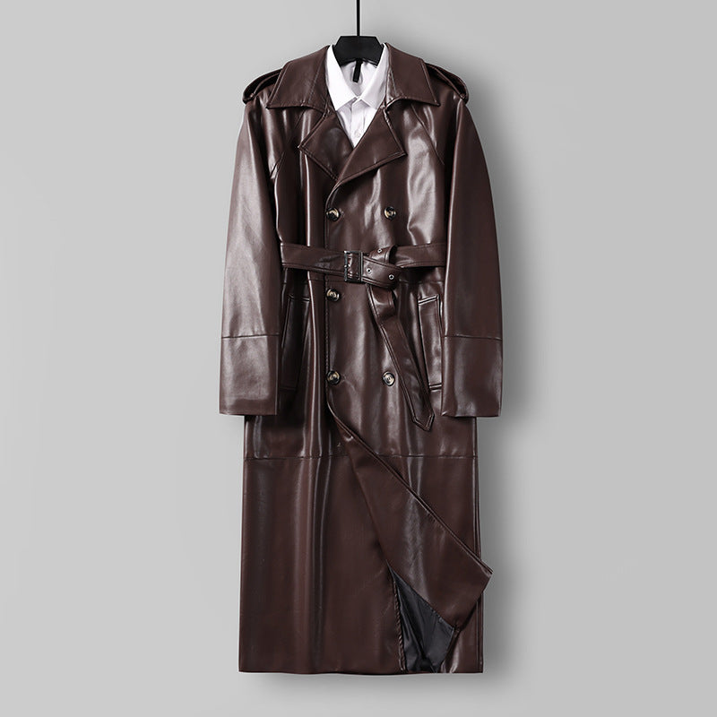 Herren Langer Kunstleder-Trenchcoat mit Doppelreiher, Taillengürtel und Schulterklappen Drune