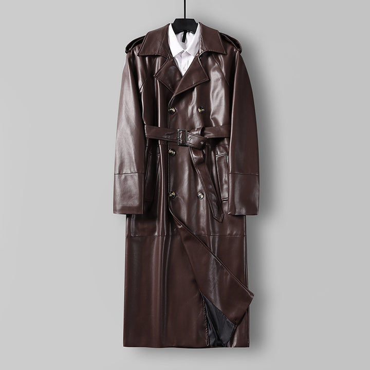Herren Langer Kunstleder-Trenchcoat mit Doppelreiher, Taillengürtel und Schulterklappen Drune