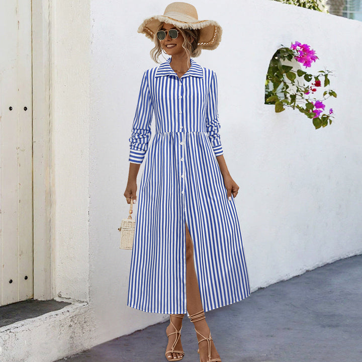 Damen Midi-Kleid mit eleganten Streifen und strukturierter Knopfleiste Drune