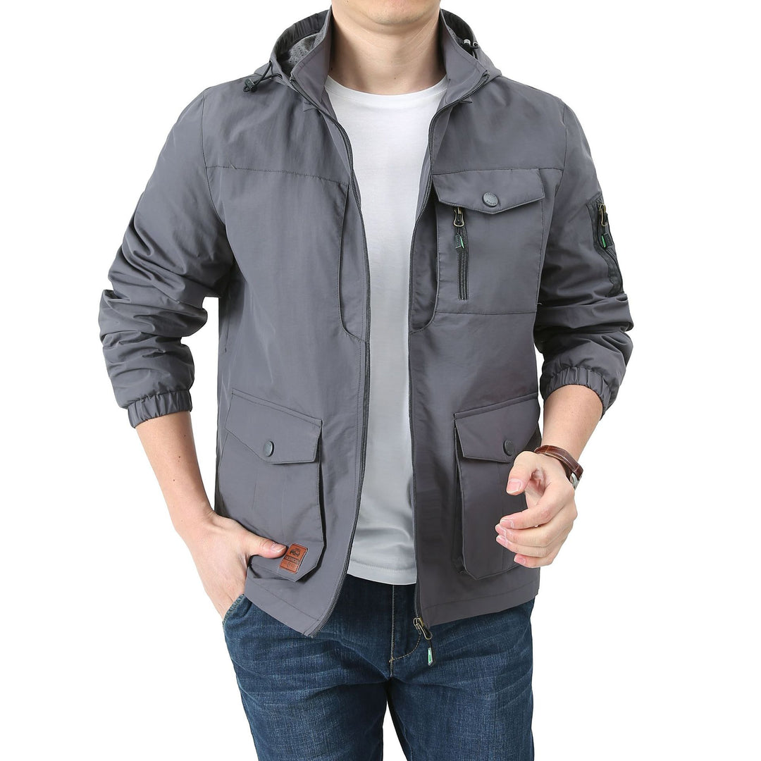 Herren  Kapuzen leichte Utility-Feldjacke mit Mehrfachtaschen, Reißverschluss und Druckknopfverschluss Drune