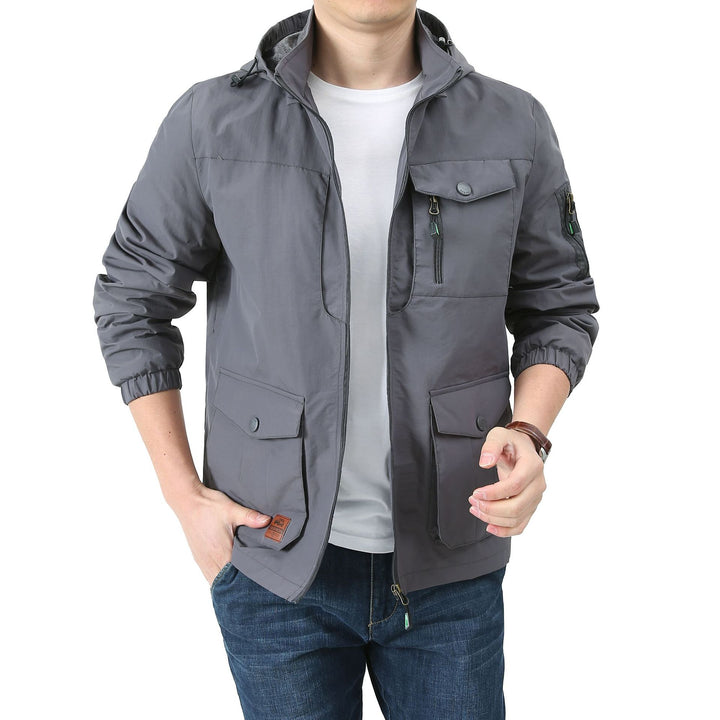 Herren  Kapuzen leichte Utility-Feldjacke mit Mehrfachtaschen, Reißverschluss und Druckknopfverschluss Drune