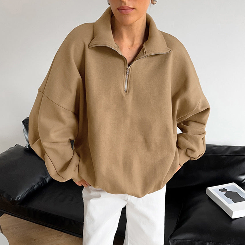 Damen lässiger Oversized Pullover mit Reißverschluss Drune