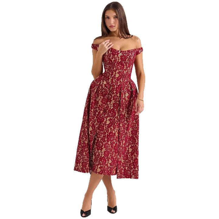 Damen Abendkleid mit schulterfreiem Design und exquisite Spitze Drune