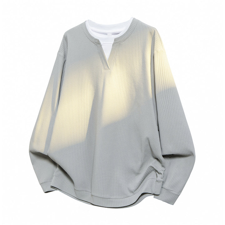 Herren Oversize Waffelstruktur-Langarmshirt mit V‑Einsatz und Layering-Optik Drune