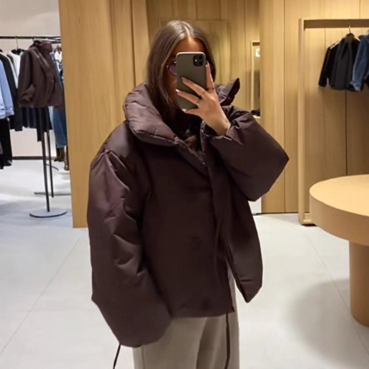 Damen Kurze wattierte Oversize-Pufferjacke mit Kapuze und Bindegürtel Drune