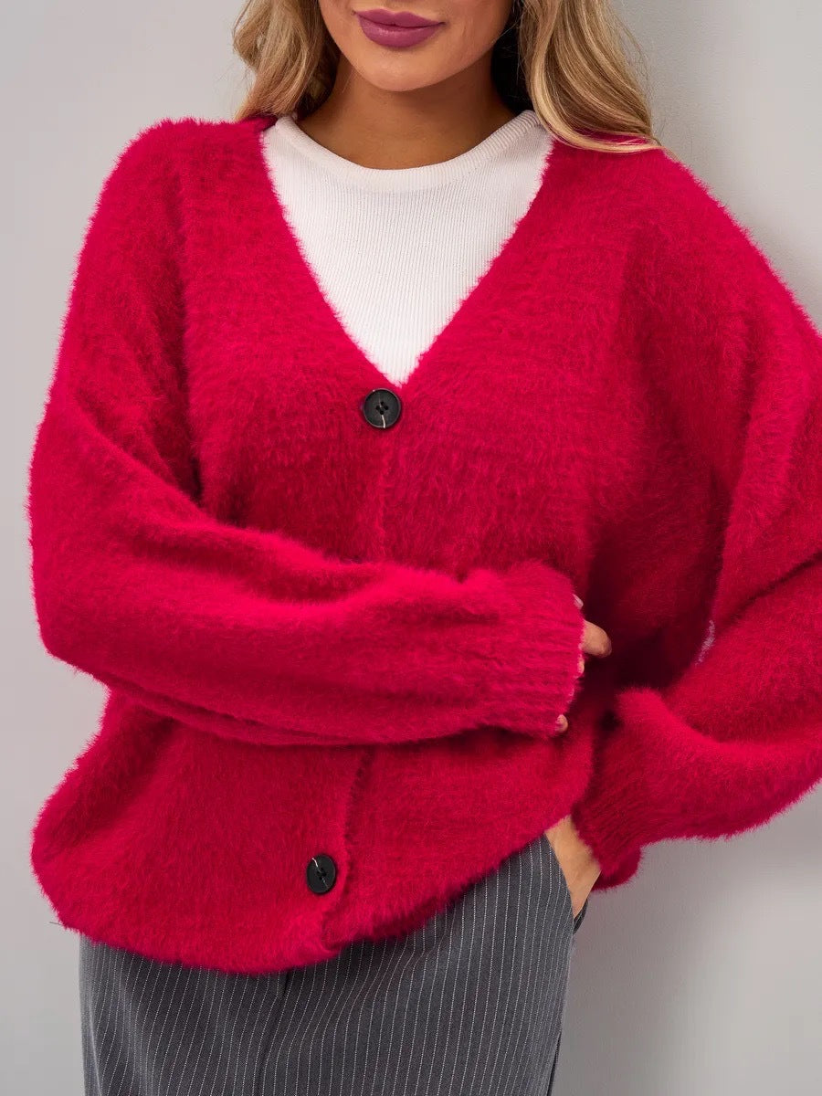Damen kuschelige Strickjacke mit asymmetrischem Schnitt und Knopfverschluss Drune