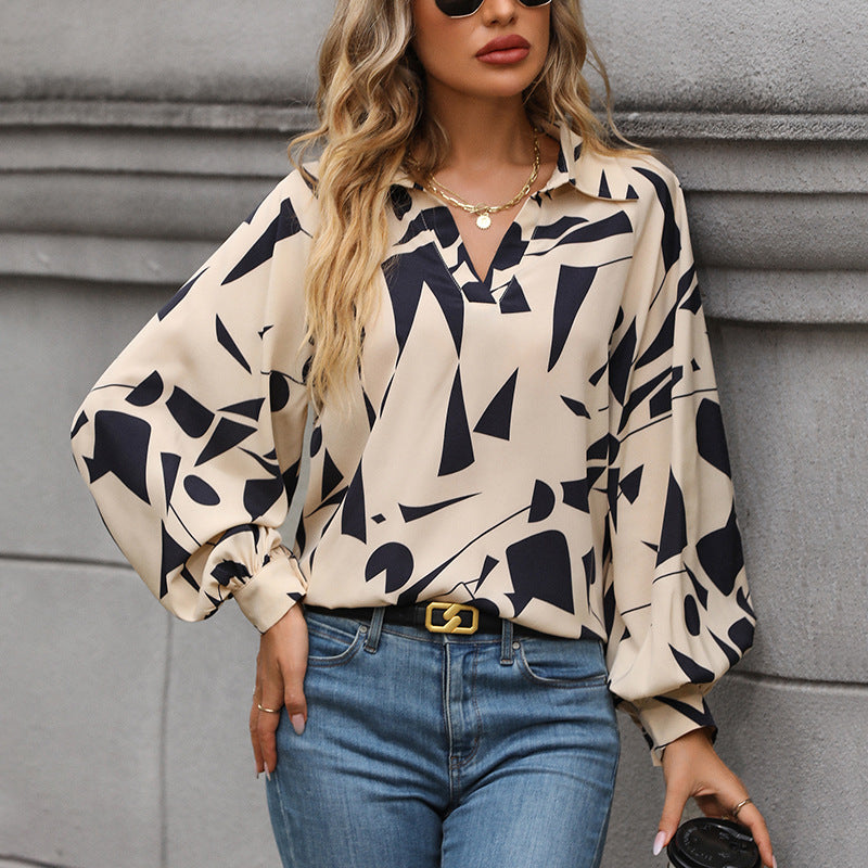 Damen Elegante Bluse mit geometrischem Muster und Ballonärmeln Drune
