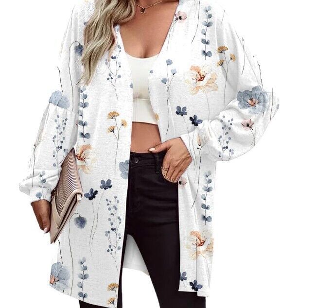 Damen Leichter Offener Longcardigan mit Federmotiv und Oversize-Ärmeln Drune
