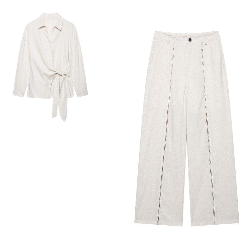 Damen Zweiteiliges Ensemble aus Wickelbluse mit Taillenschleife und weit geschnittener Leinenhose mit Zierstreifen Drune