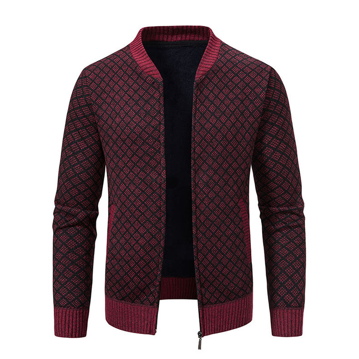 Herren Strick-Zipjacke mit feinem Jacquard‑Muster, durchgehendem Reißverschluss und geripptem Saum Drune