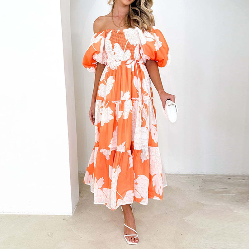 Damen Maxikleid mit voluminösen Puffärmeln und floralem Design Drune