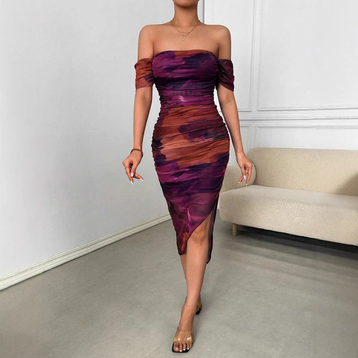 Damen Figurbetontes schulterfreies Maxikleid mit Raffung, Beinschlitz und Aquarell-Print Drune