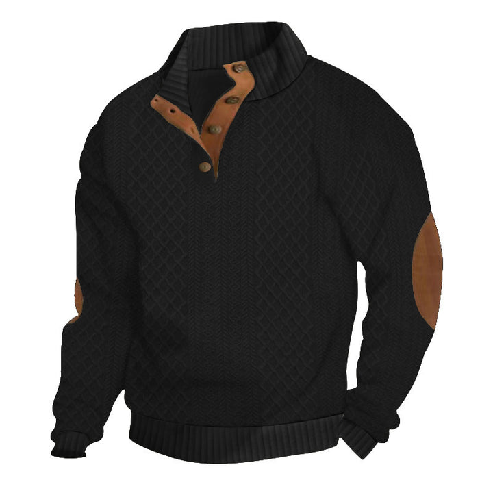 Herren nan grobstrickpullover mit Stehkragen, Knopfleiste und Ellbogenpatches Drune