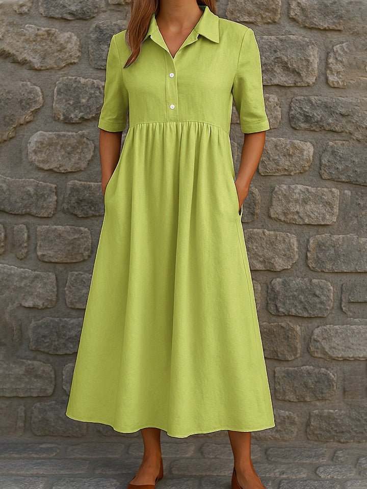 Damen Elegantes Maxikleid mit Hemdkragen und praktischen Taschen Drune