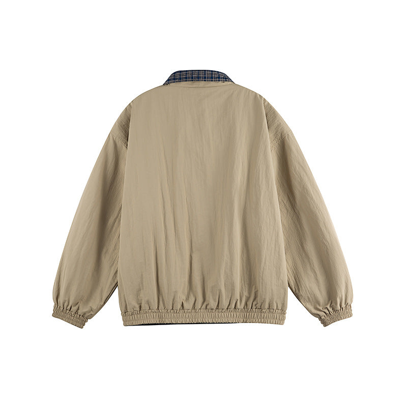 Unisex Leichte Oversize-Zipjacke im Bomberstil mit kariertem Kragen und elastischen Bündchen Drune
