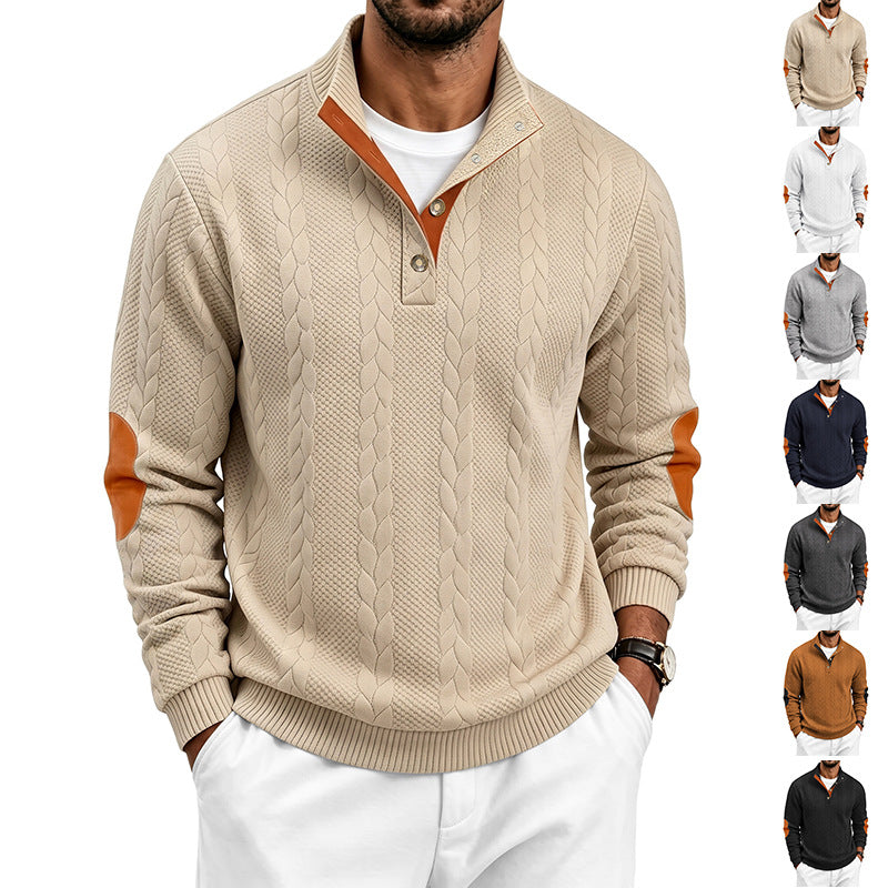 Herren Troyer-Pullover mit Zopfmuster, Ellbogen‑Patches und kontrastierter Knopfleiste Drune
