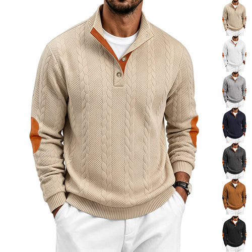 Herren Troyer-Pullover mit Zopfmuster, Ellbogen‑Patches und kontrastierter Knopfleiste Drune